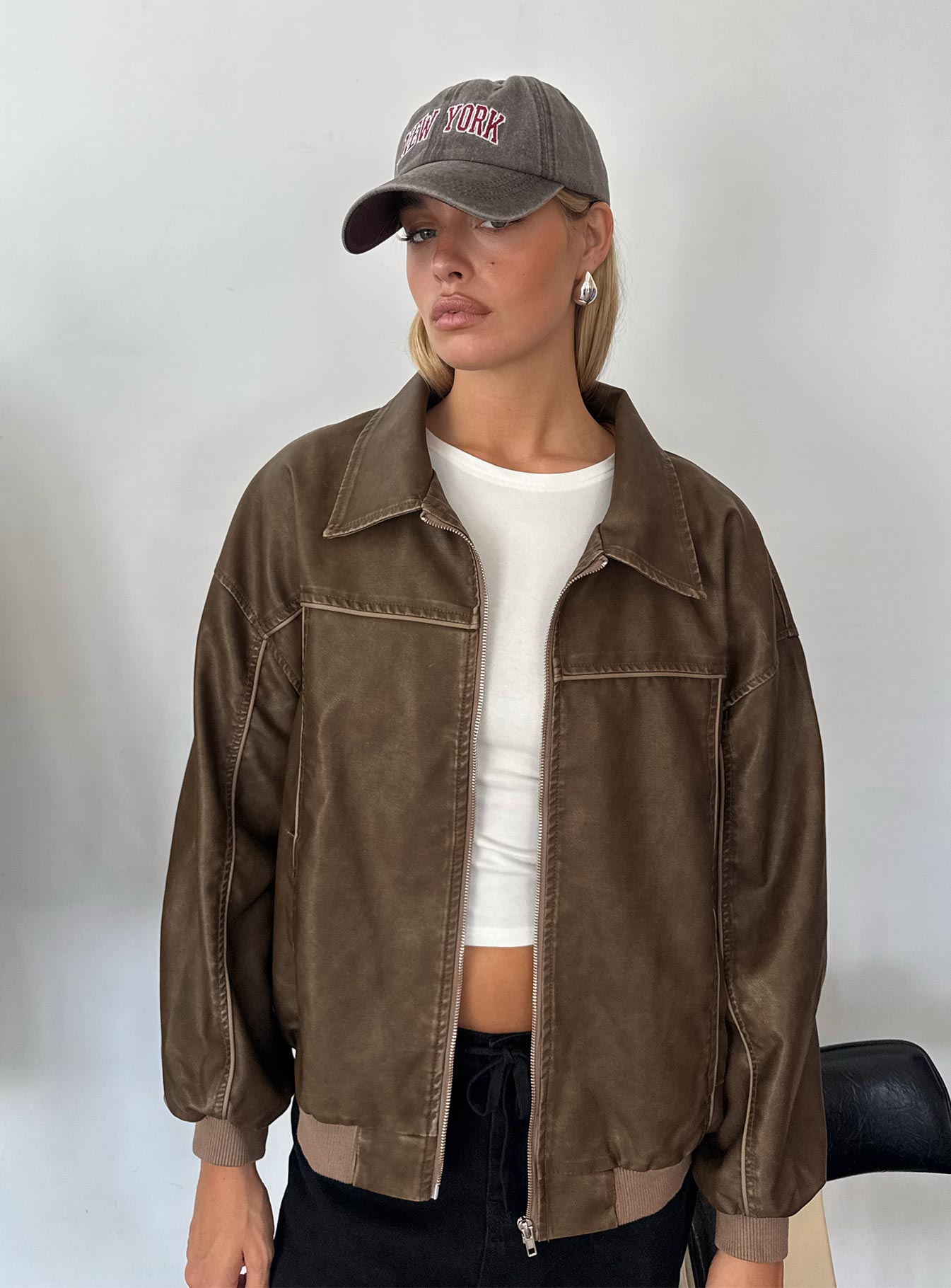 Goldsmith Faux Leather Bomber Jacket Washed Dark Brown - Image 11