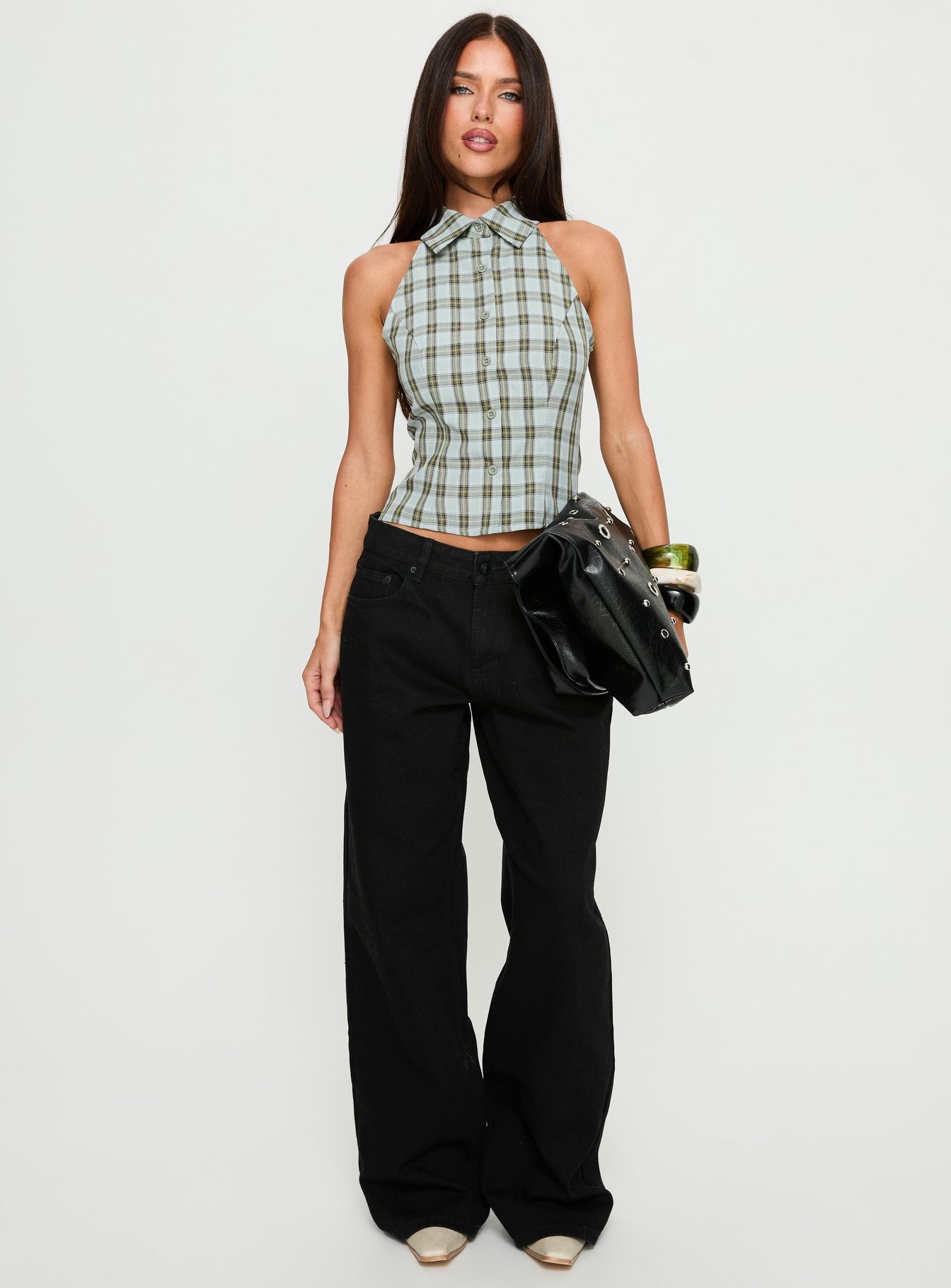 Daleia Sleeveless Collared Top Blue Check - Image 2