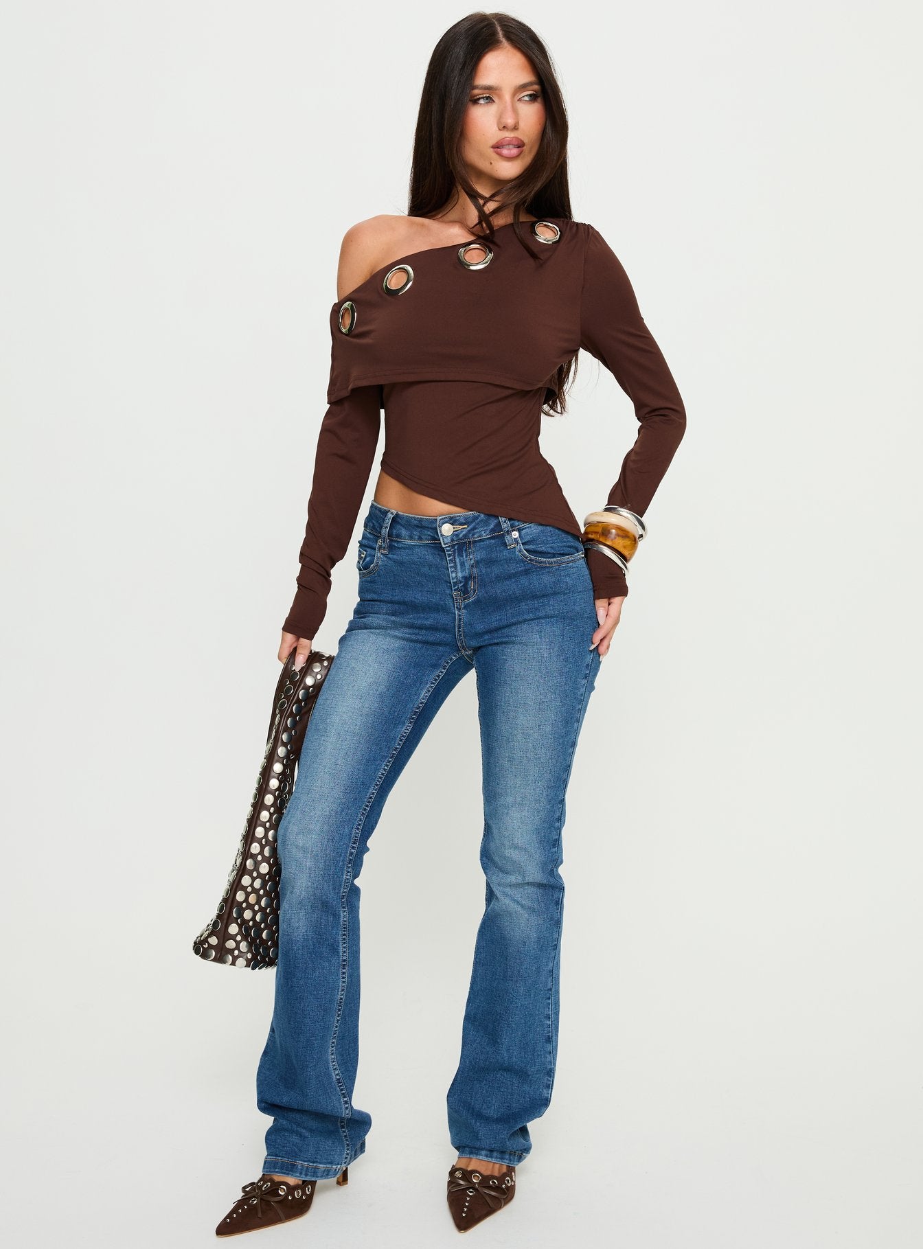 Noteworthy Eyelet Detail Long Sleeve Off Shoulder Top Chocolate - Image 3