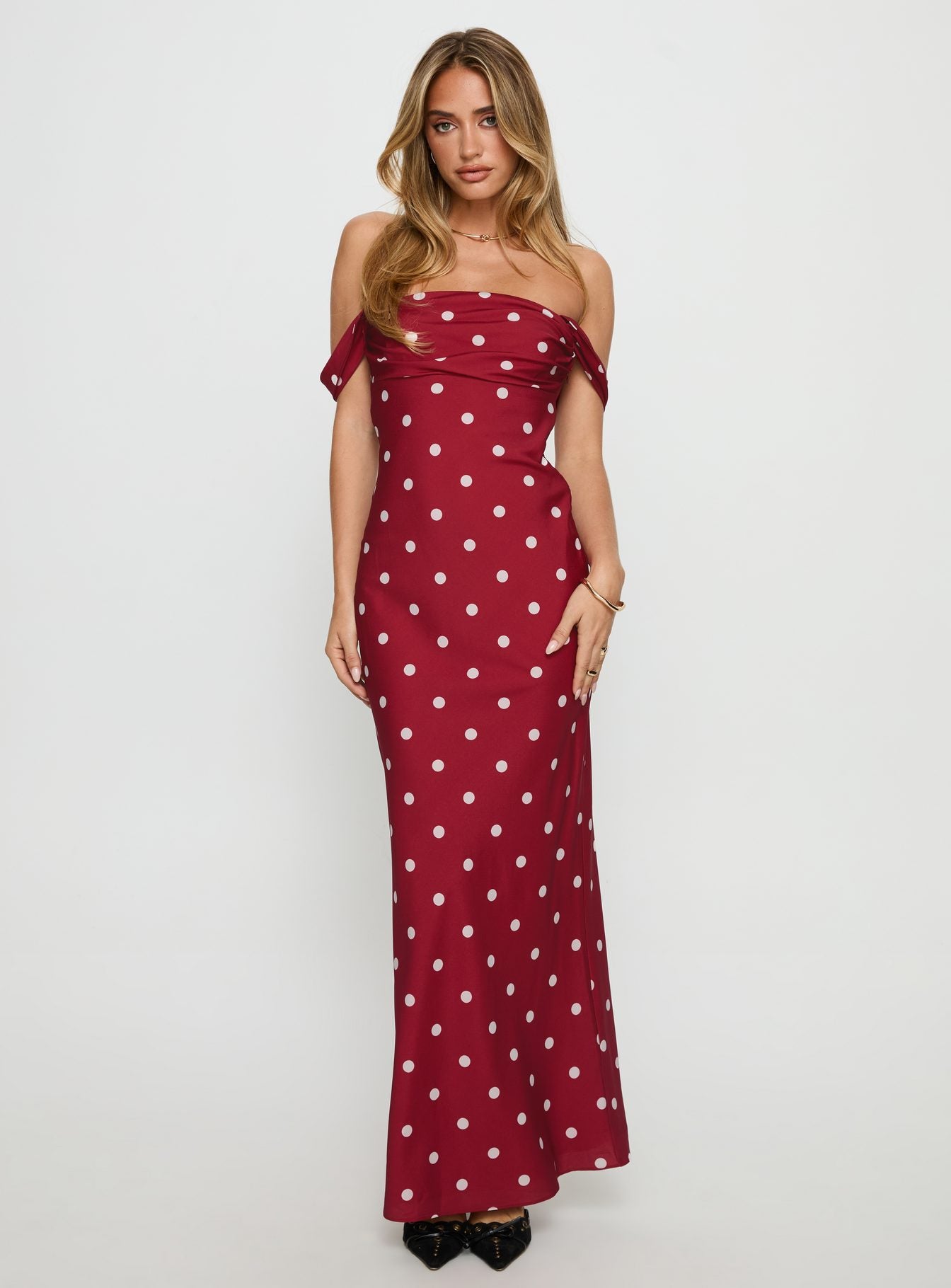End Credits Off Shoulder Pleat Maxi Dress Red Polka Dot - Image 2