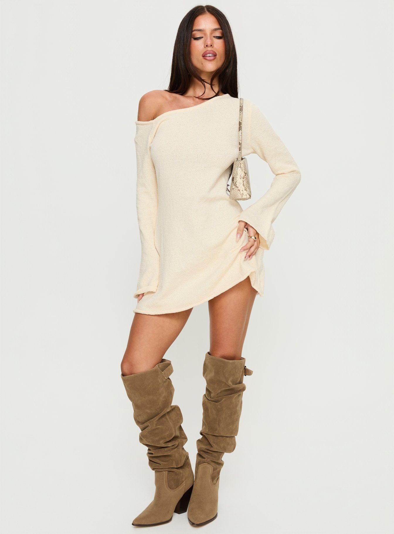 Jaede Off Shoulder Knit Mini Dress Cream - Image 2