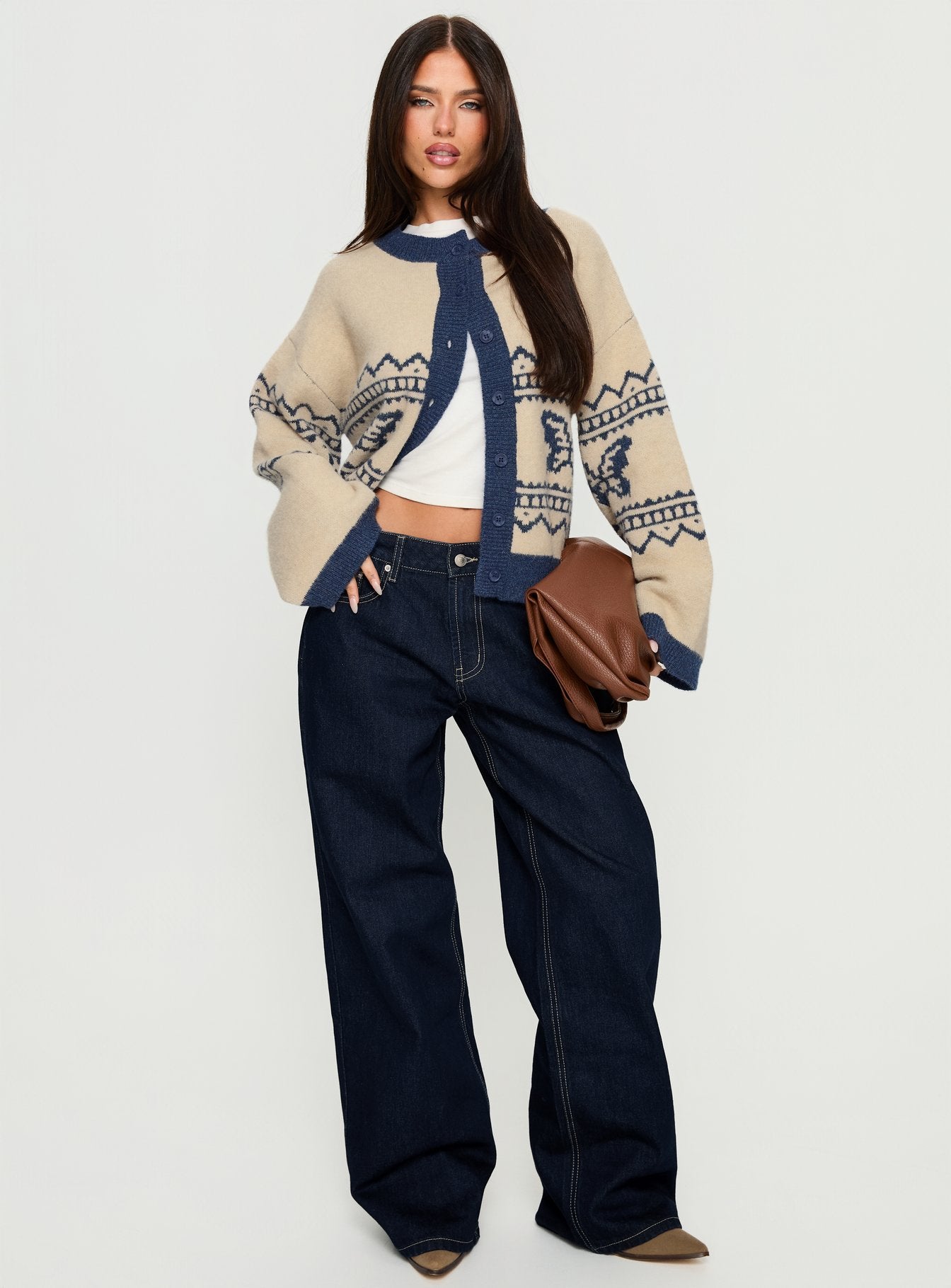 Wynoni Alpine Knit Cardigan Beige Navy - Image 2