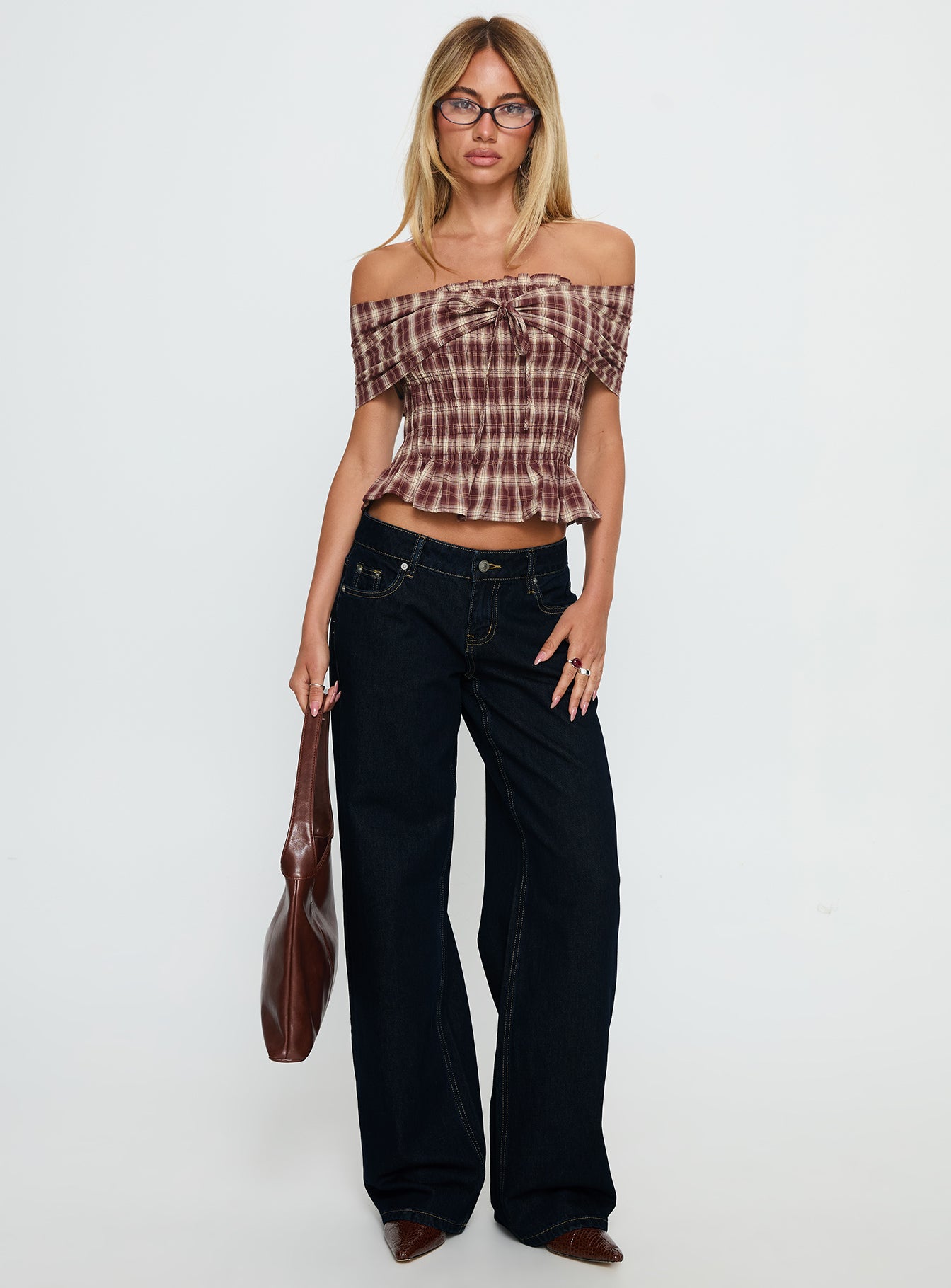 Avalynn Off Shoulder Shirred Top Brown Check - Image 3