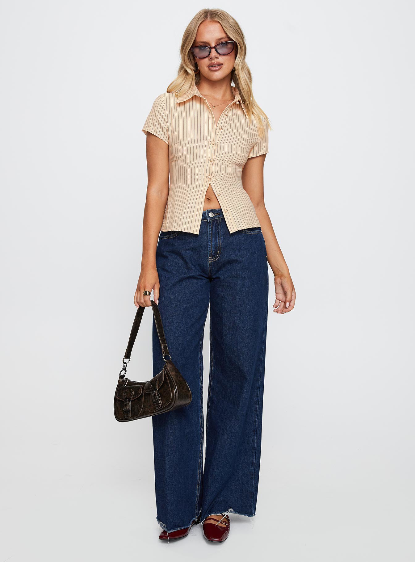 Lift Off Button Up Top Cream Navy Stripe - Image 3