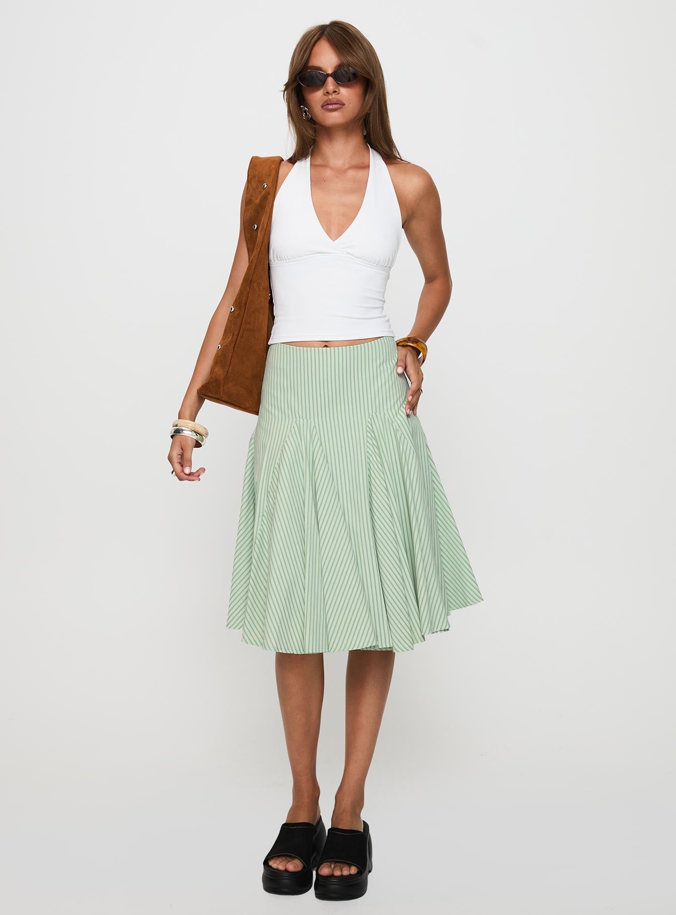 Evangaleine Pleat Midi Skirt Green White - Image 3