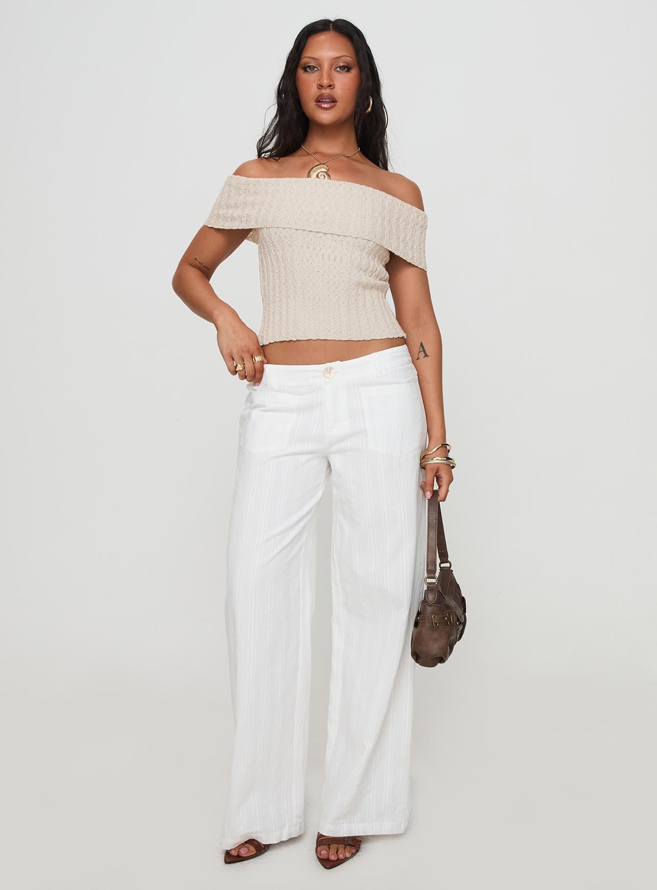 Murmur Off Shoulder Top Beige - Image 4