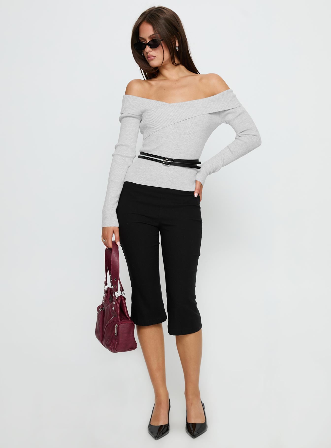 Ellenore Belt Detail Off Shoulder Top Grey - Image 3
