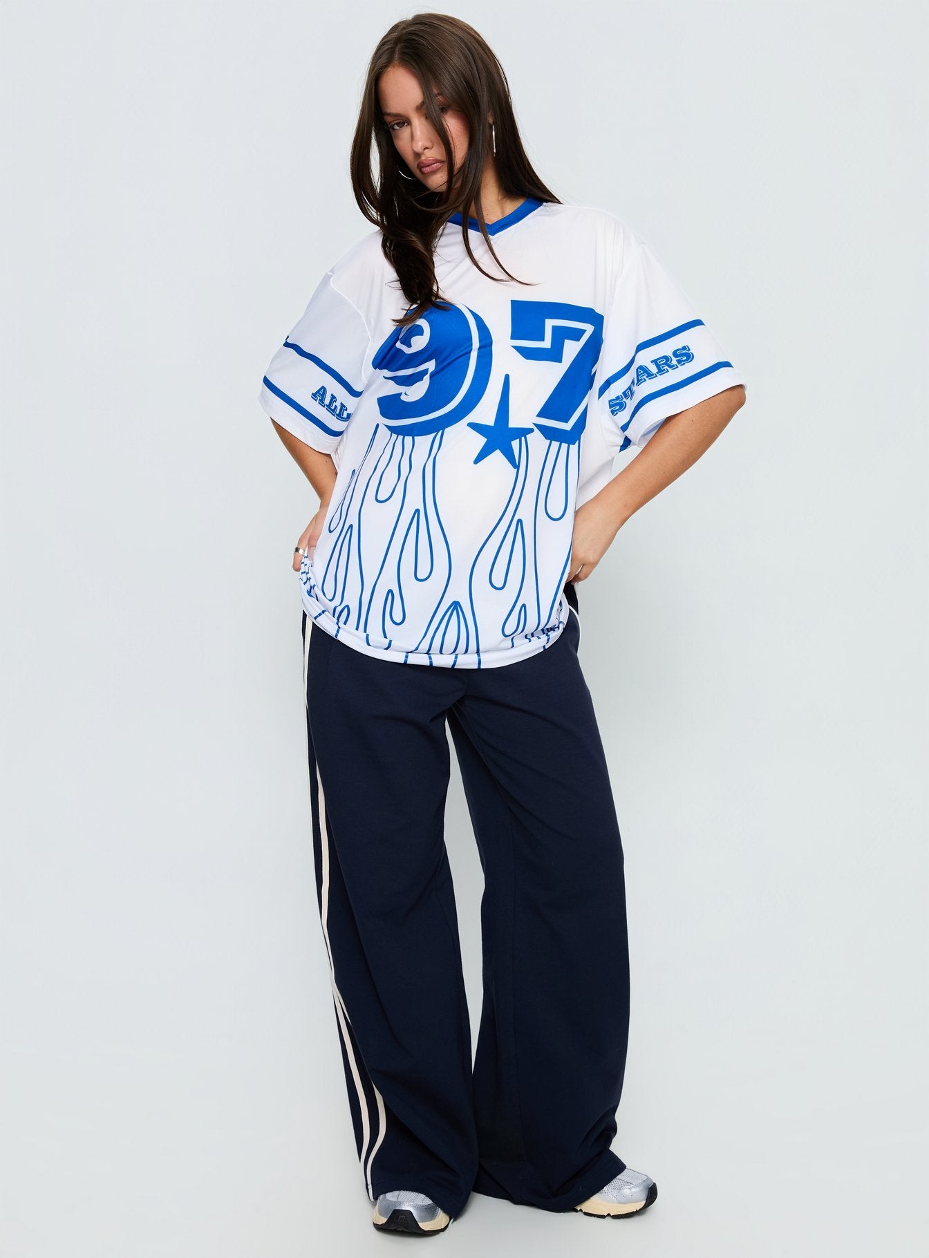 97 Sportstar Oversized Jersey Graphic Top White Blue - Image 3
