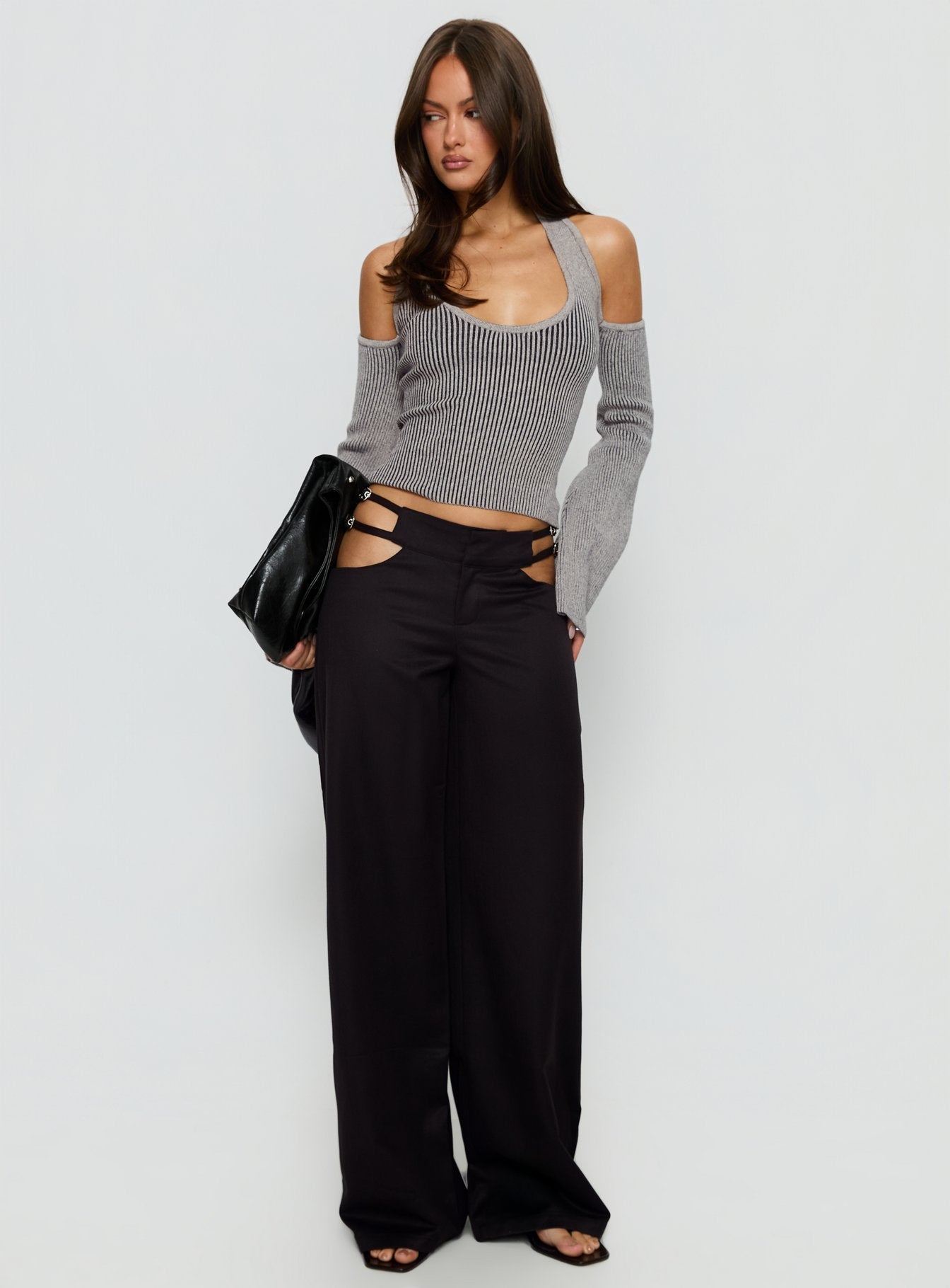 Novelia Halter Long Sleeve Top Black Grey - Image 3