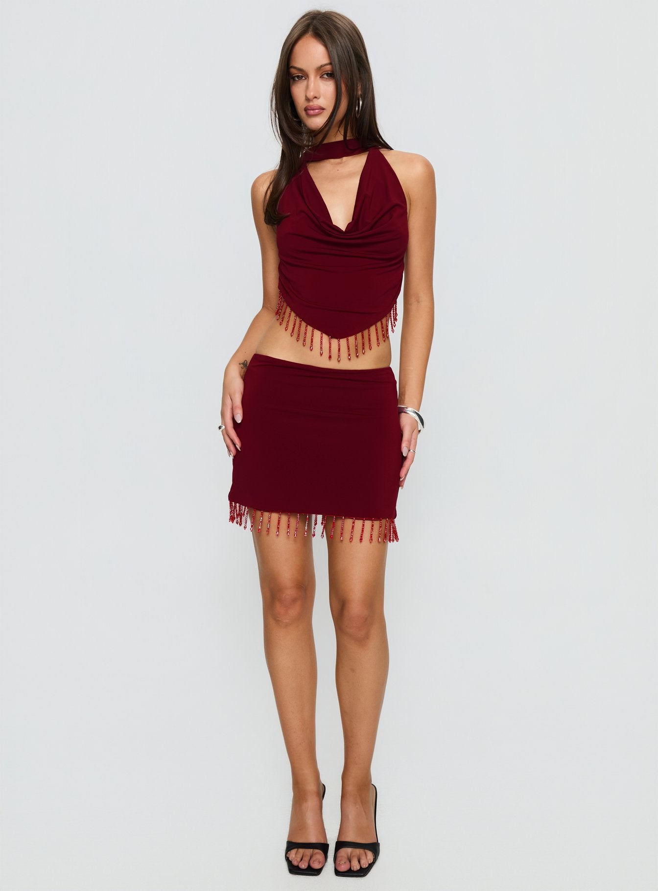 Ginah Bead Tassel Cowl Neck Top Red - Image 3