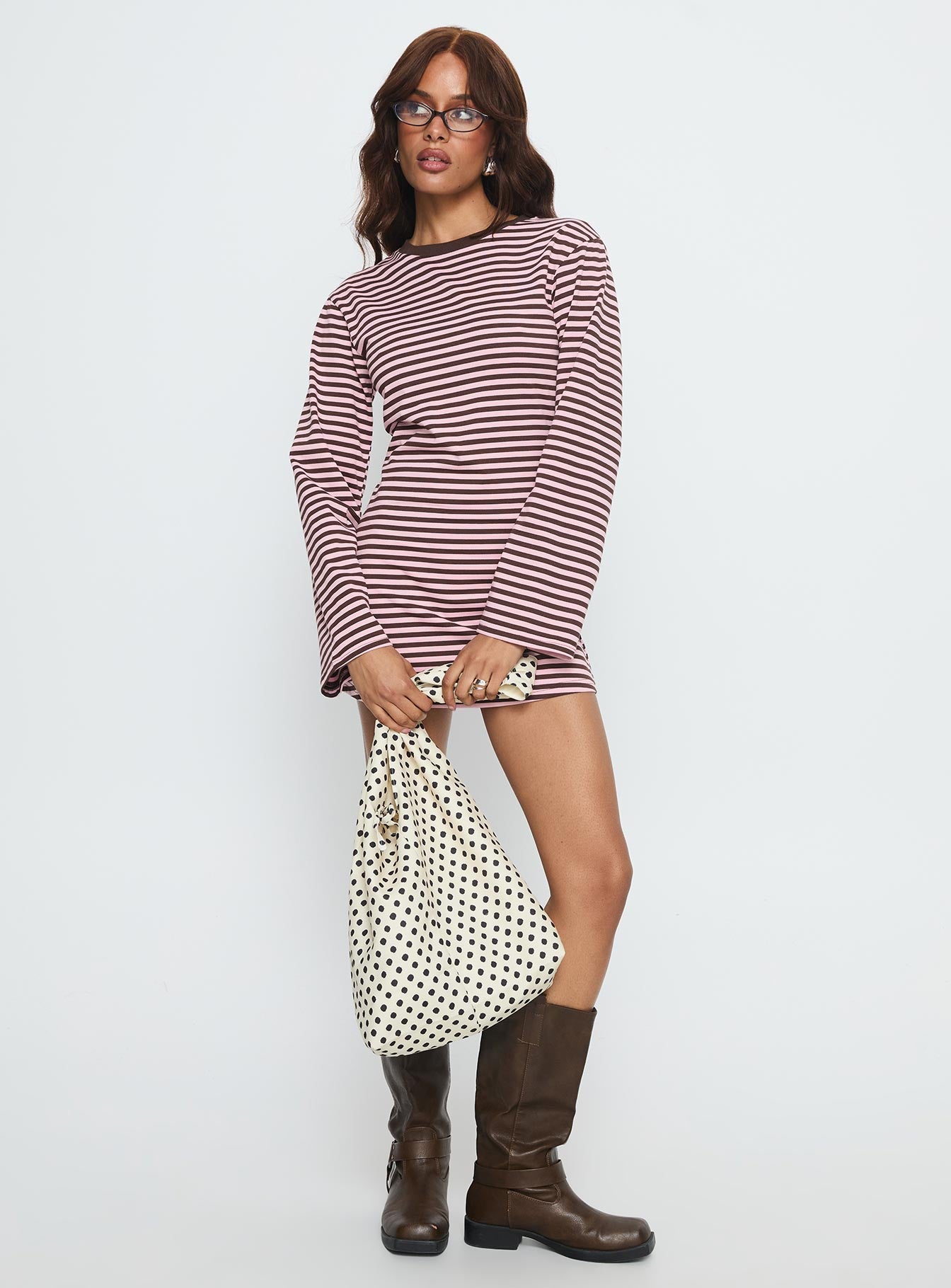 Lulolah Long Sleeve Mini Dress Chocolate Pink Stripe - Image 2
