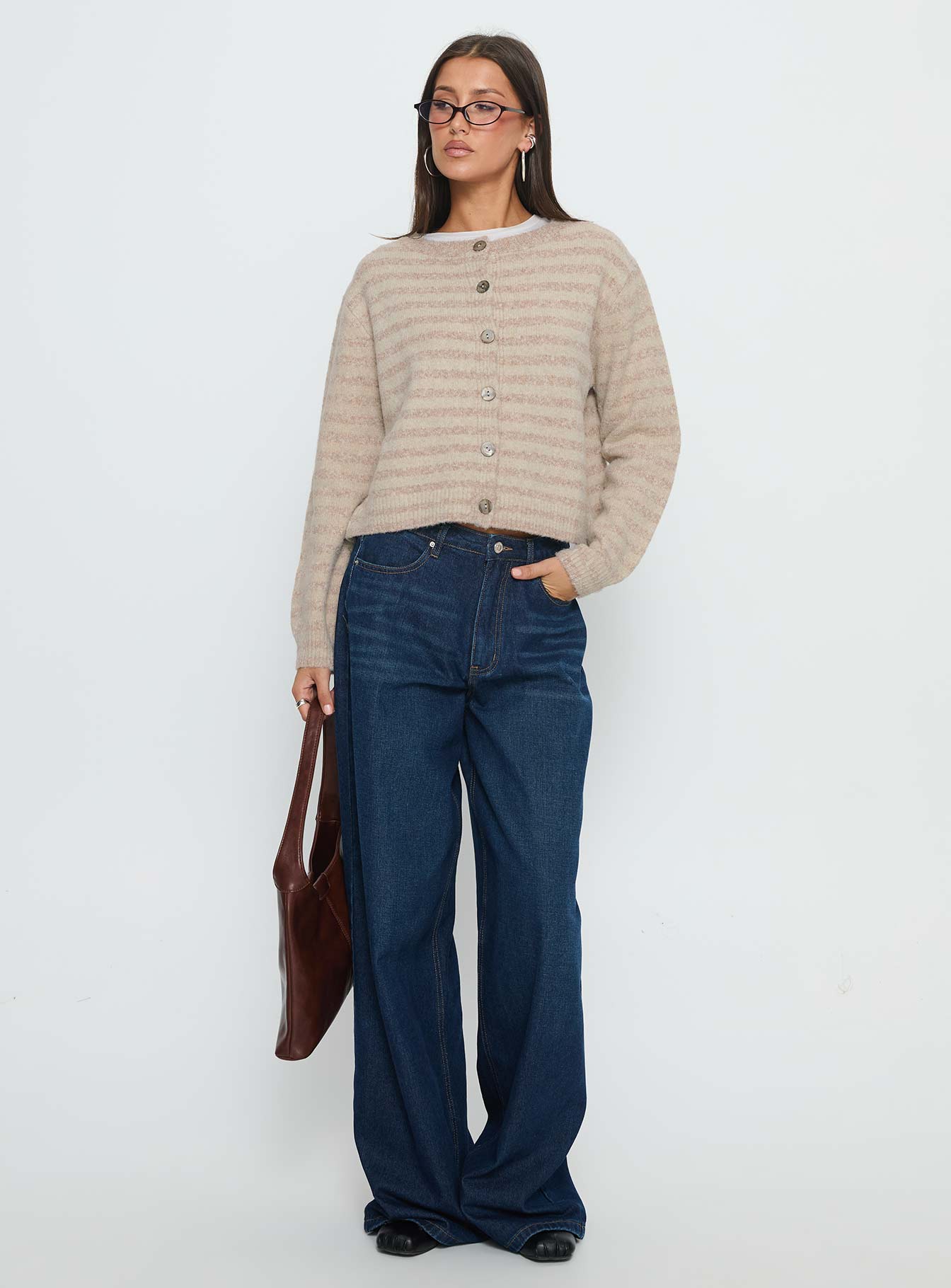Raynna Button Up Cardigan Beige Stripe - Image 3