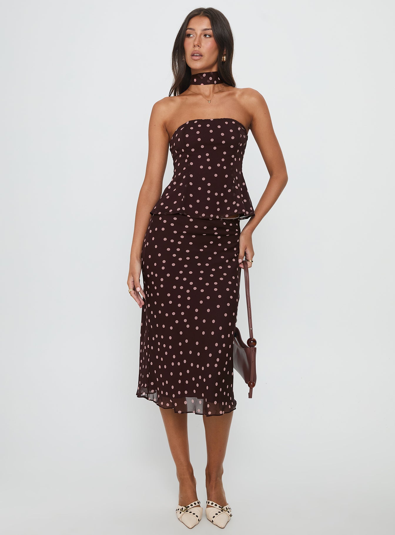 Sydni Scarf Detail Strapless Top Chocolate Pink Polka - Image 3
