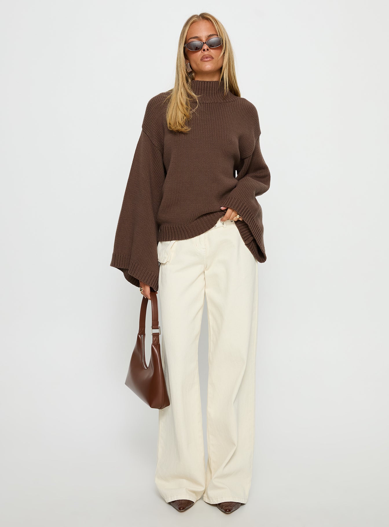 Neriel Funnel Neck Knit Sweater Chocolate - Image 2