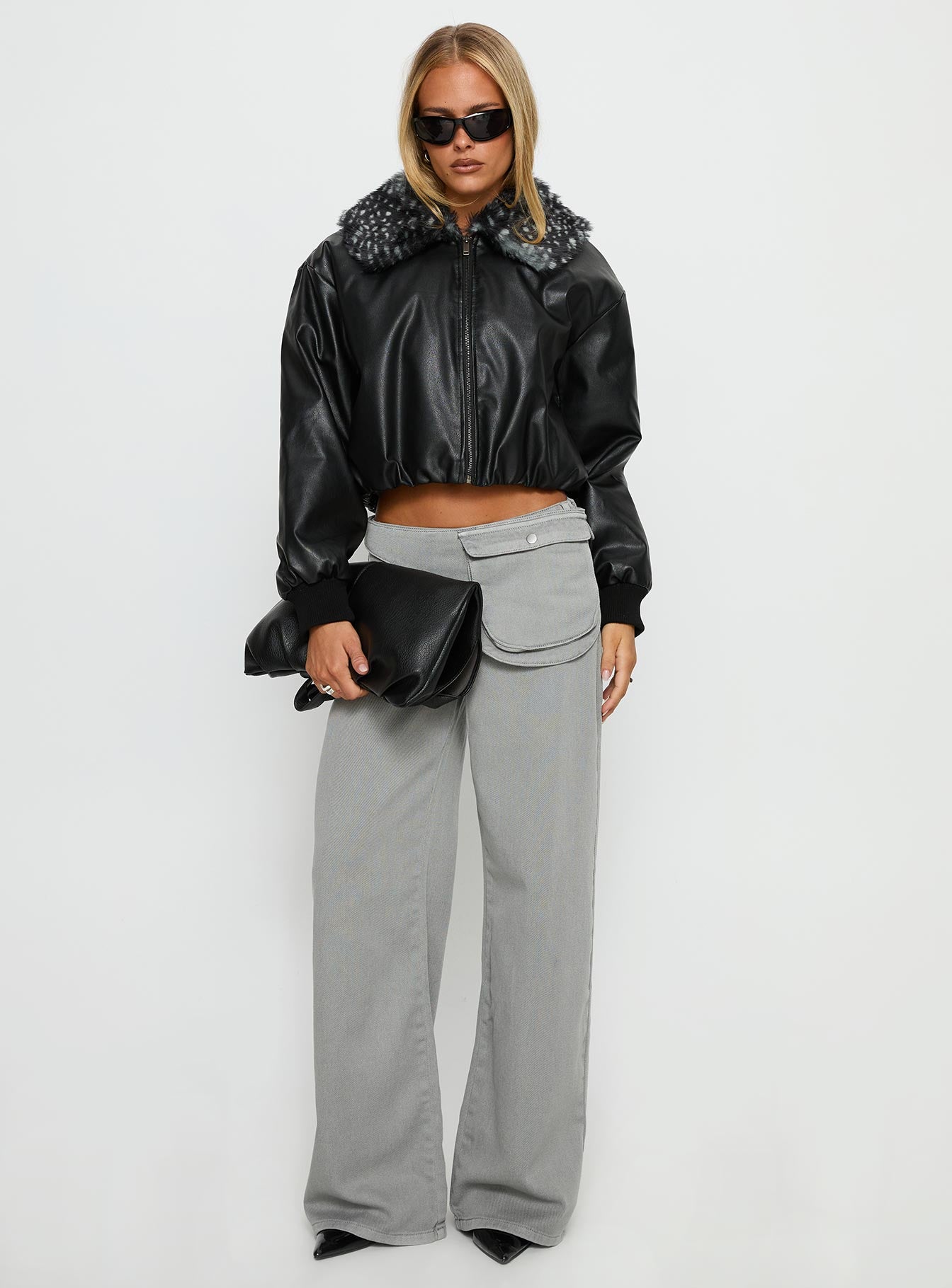 Koemi Faux Leather Collared Jacket Black - Image 3