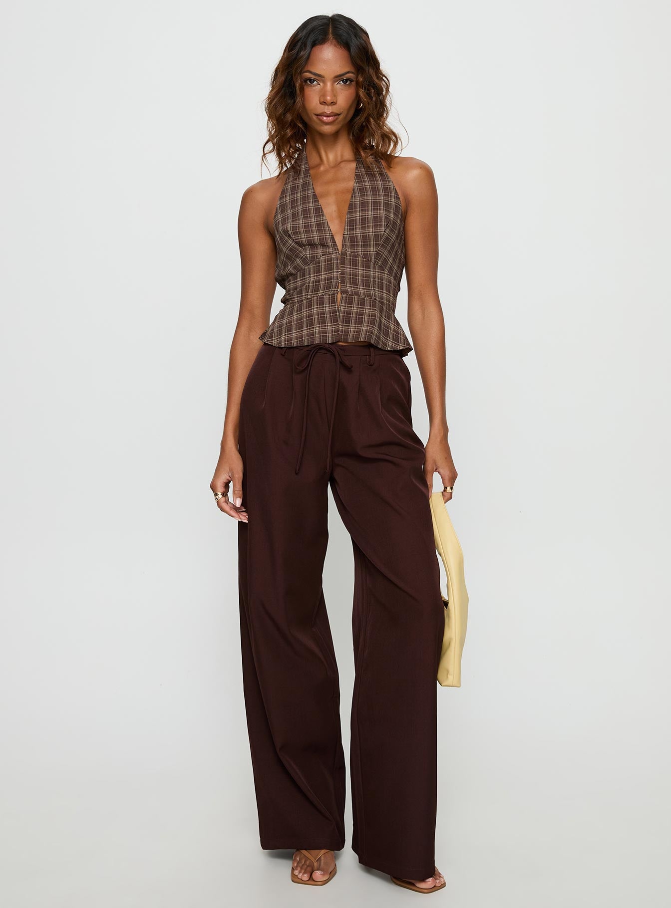 Idolised Pleated Tie Waist Pant Chocolate Brown - Image 3
