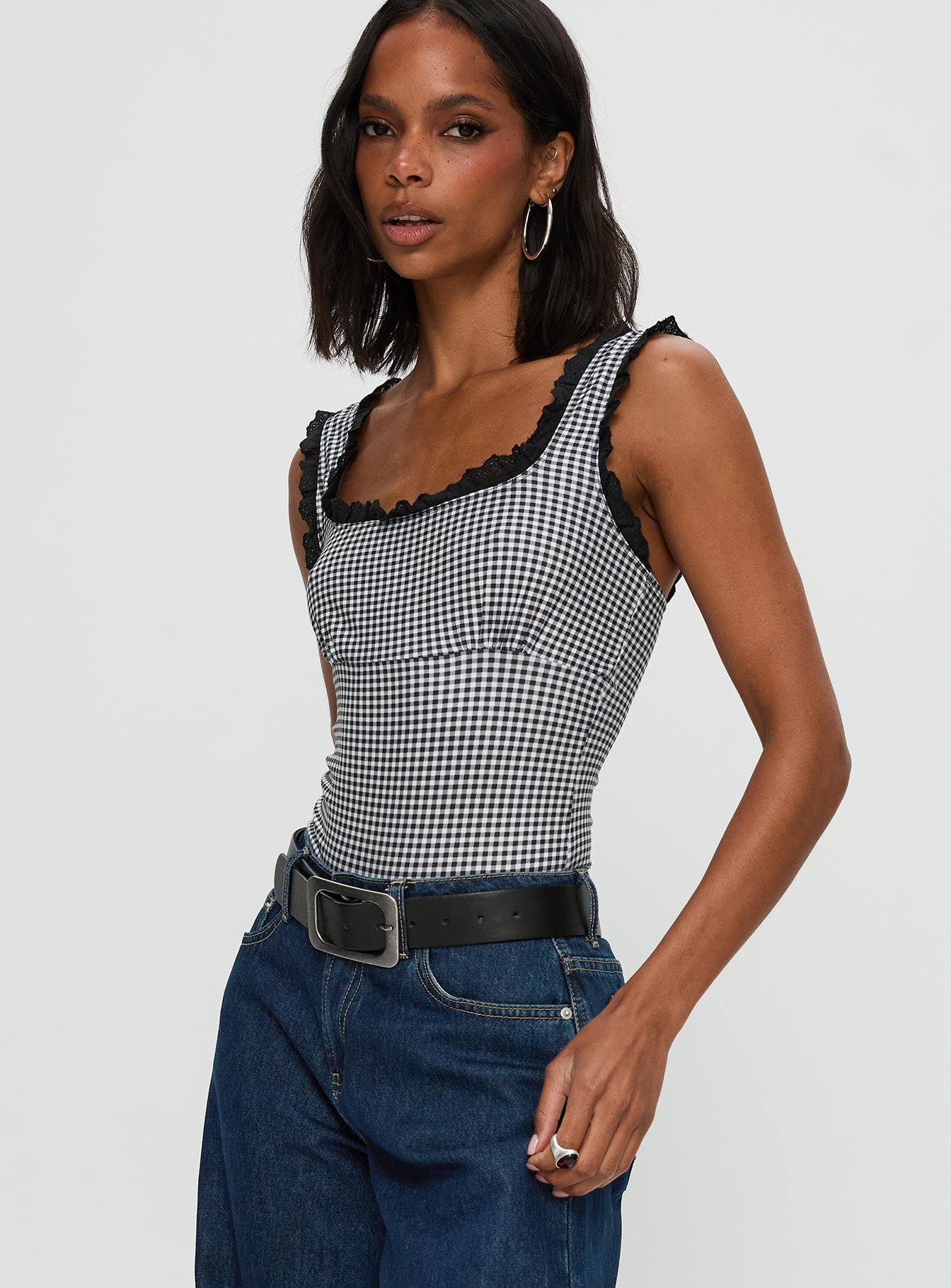 Trustfund Lace Trim Bodysuit Black White Check - Image 3