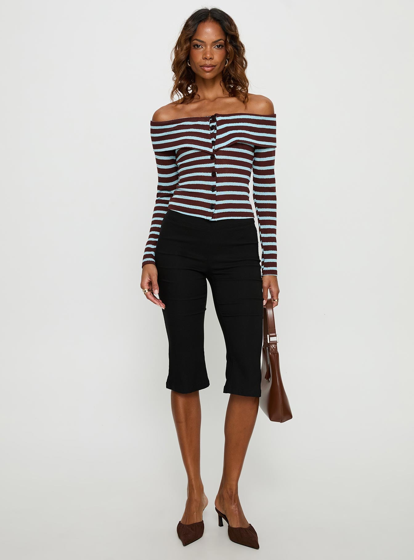 Raelena Off Shoulder Long Sleeve Top Blue Brown Stripe - Image 2