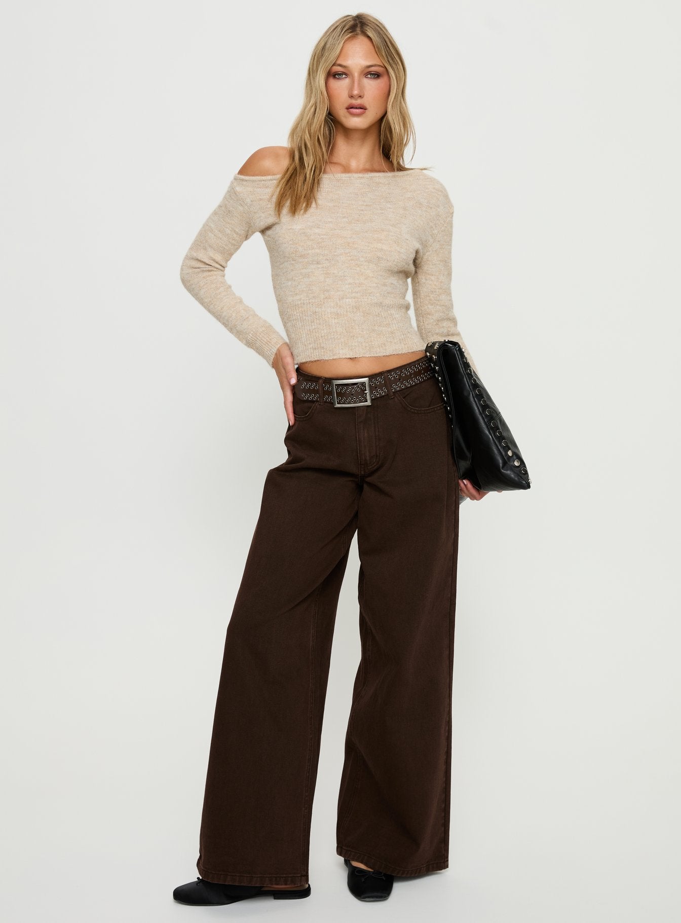 Selbey Fluffy Cinched Waist Off Shoulder Top Cream Marle - Image 2