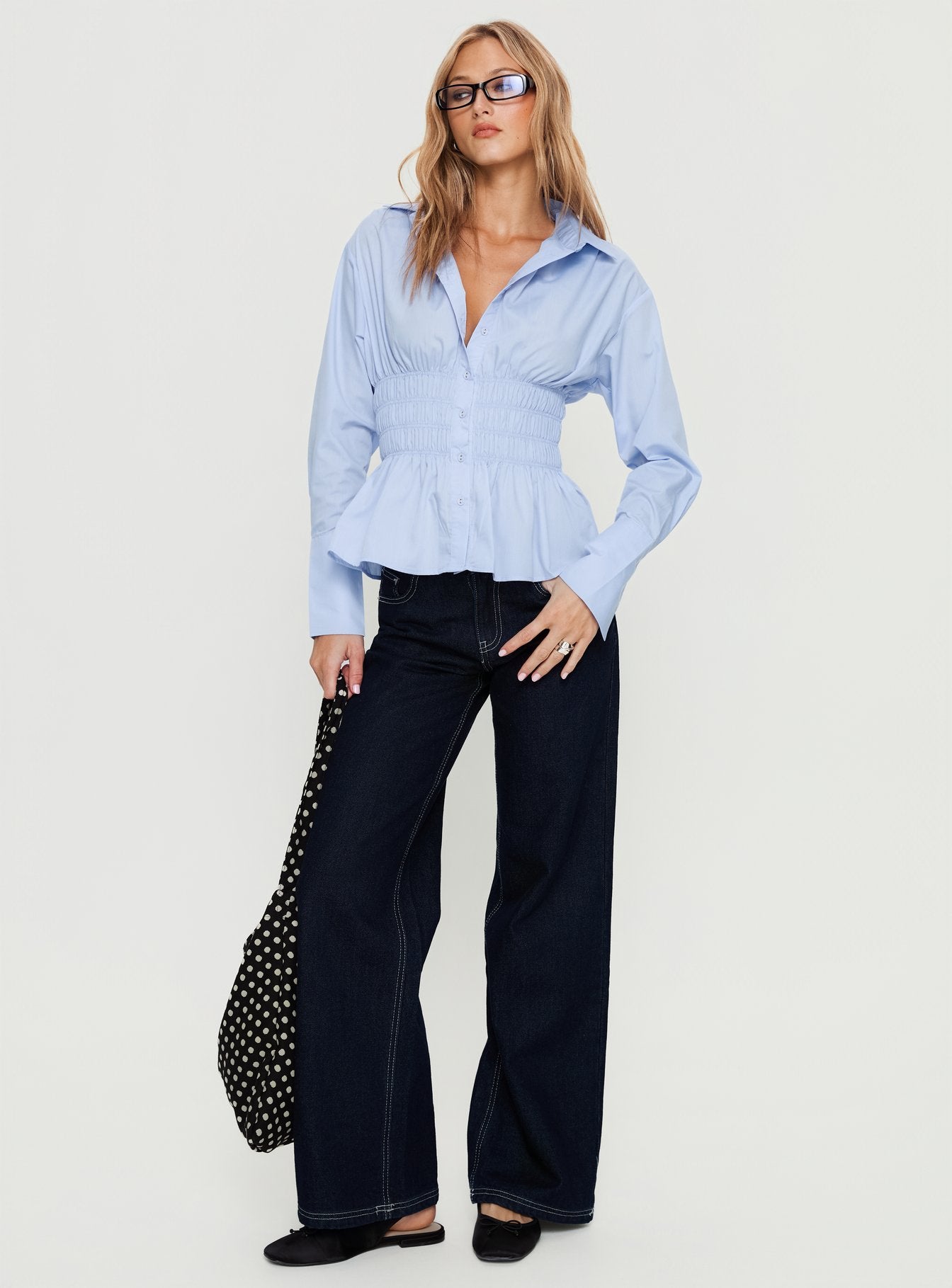 As You Are Shirred Button Up Top Soft Blue - Image 3