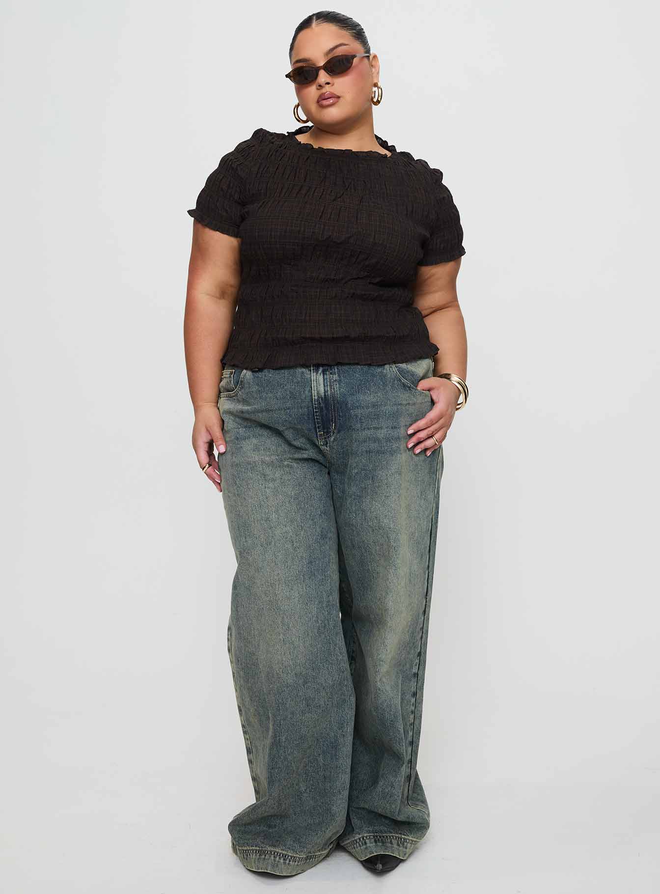 Romelle Shirred Top Black Brown Plaid - Image 9