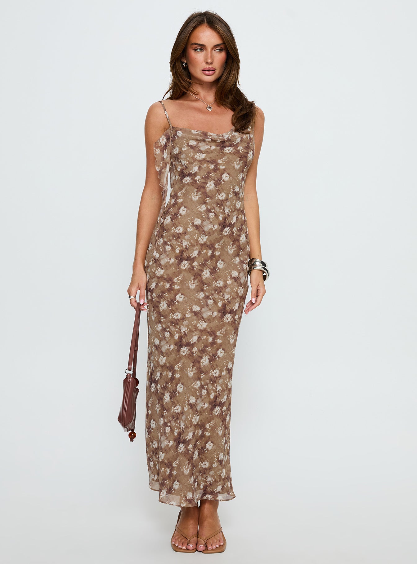 Silah Cowl Neck Maxi Dress Brown Floral - Image 2