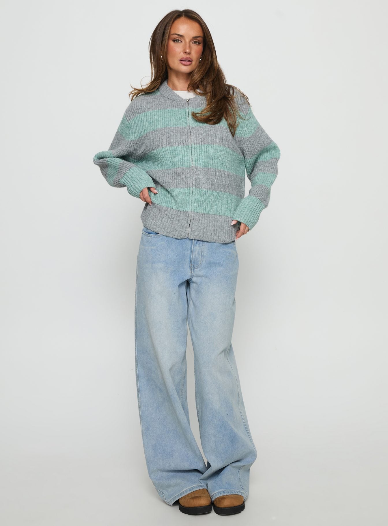 Queena Zip Through Knit Sweater Grey Blue Stripe - Image 3