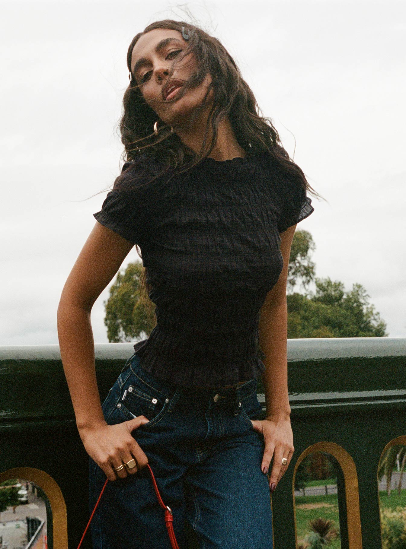 Romelle Shirred Top Black Brown Plaid - Image 14