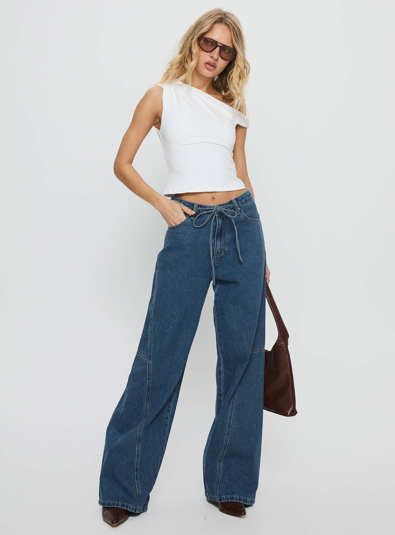 Bruiser Tie Waist Mid Rise Wide Leg Jeans Mid Blue Wash - Image 3