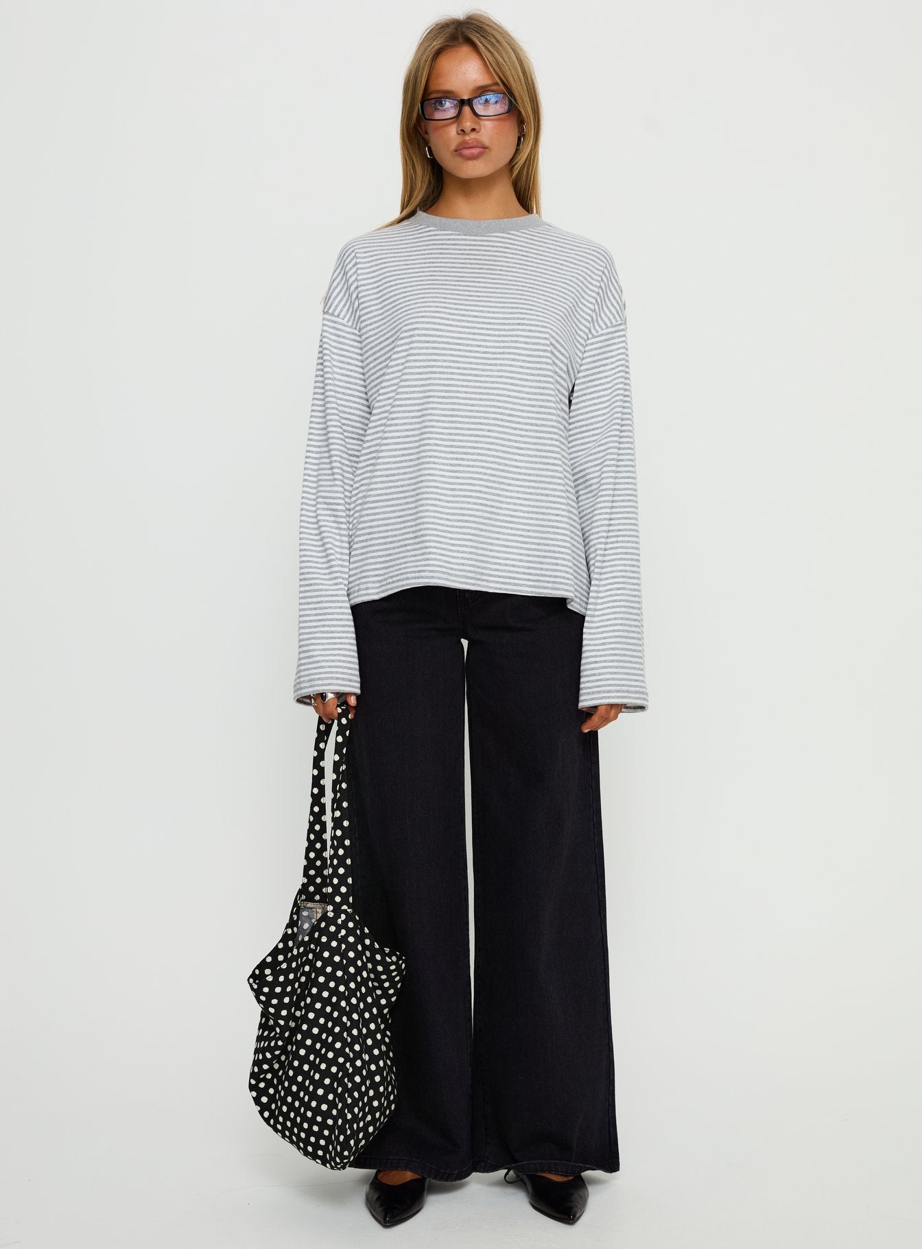 Settle Down Long Sleeve Top Grey White Stripe - Image 3