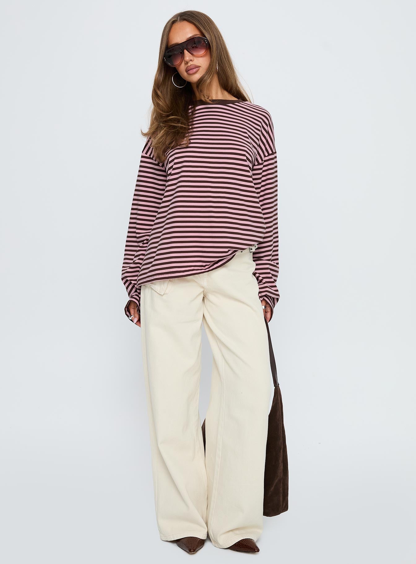 Settle Down Long Sleeve Top Pink Brown Stripe - Image 3