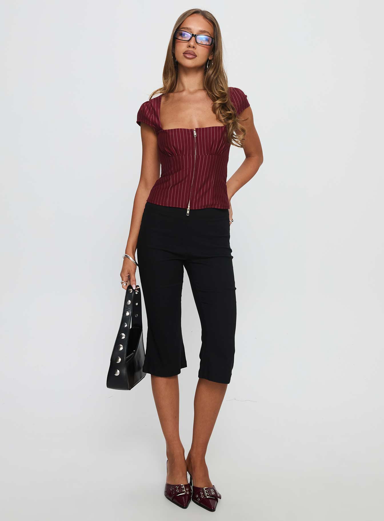 Santa Cruz Zip Through Top Burgundy Pinstripe - Image 3