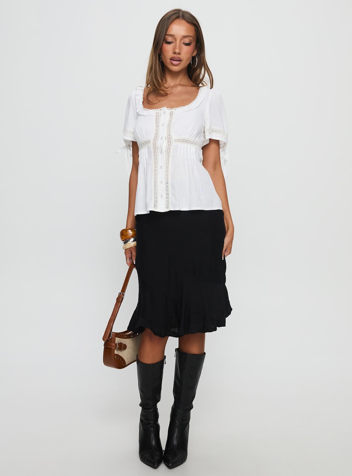Indianah Pleat Lace Panel Blouse Top White - Image 3