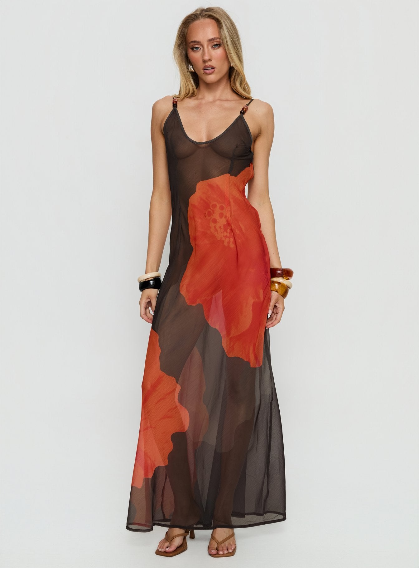 Carita Sheer Chiffon Maxi Dress Brown Orange Floral - Image 3