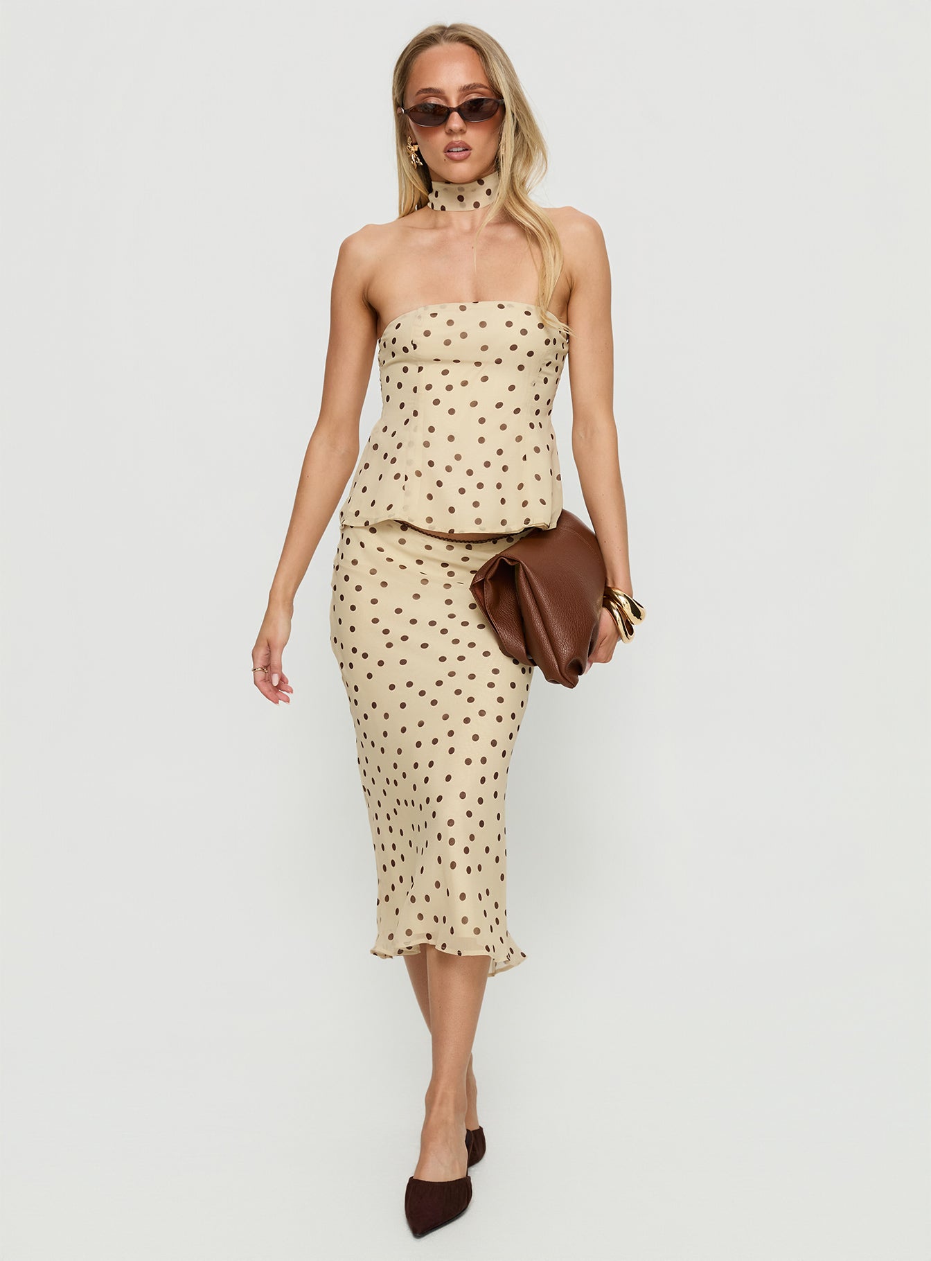 Sydni Scarf Detail Strapless Top Yellow Chocolate Polka - Image 3