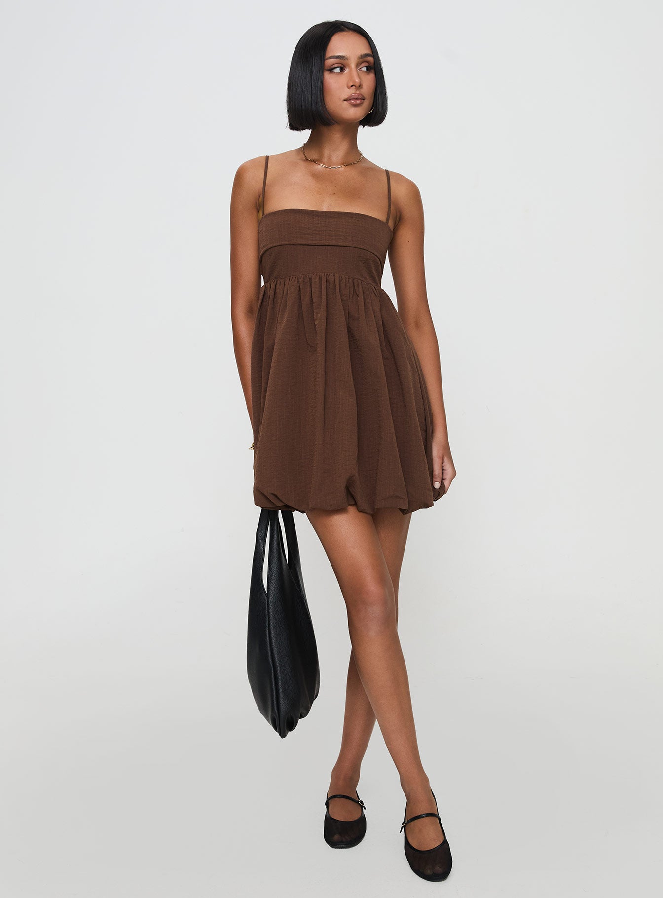 Layken Bubble Hem Mini Dress Chocolate - Image 3