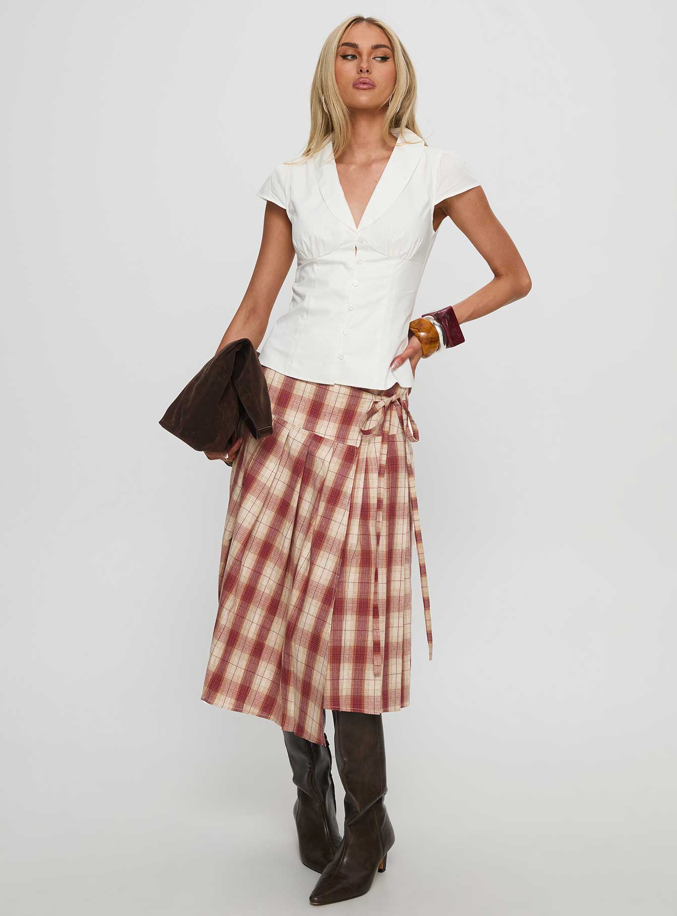 Norie Wrap Pleat Midi Skirt Red Plaid - Image 3