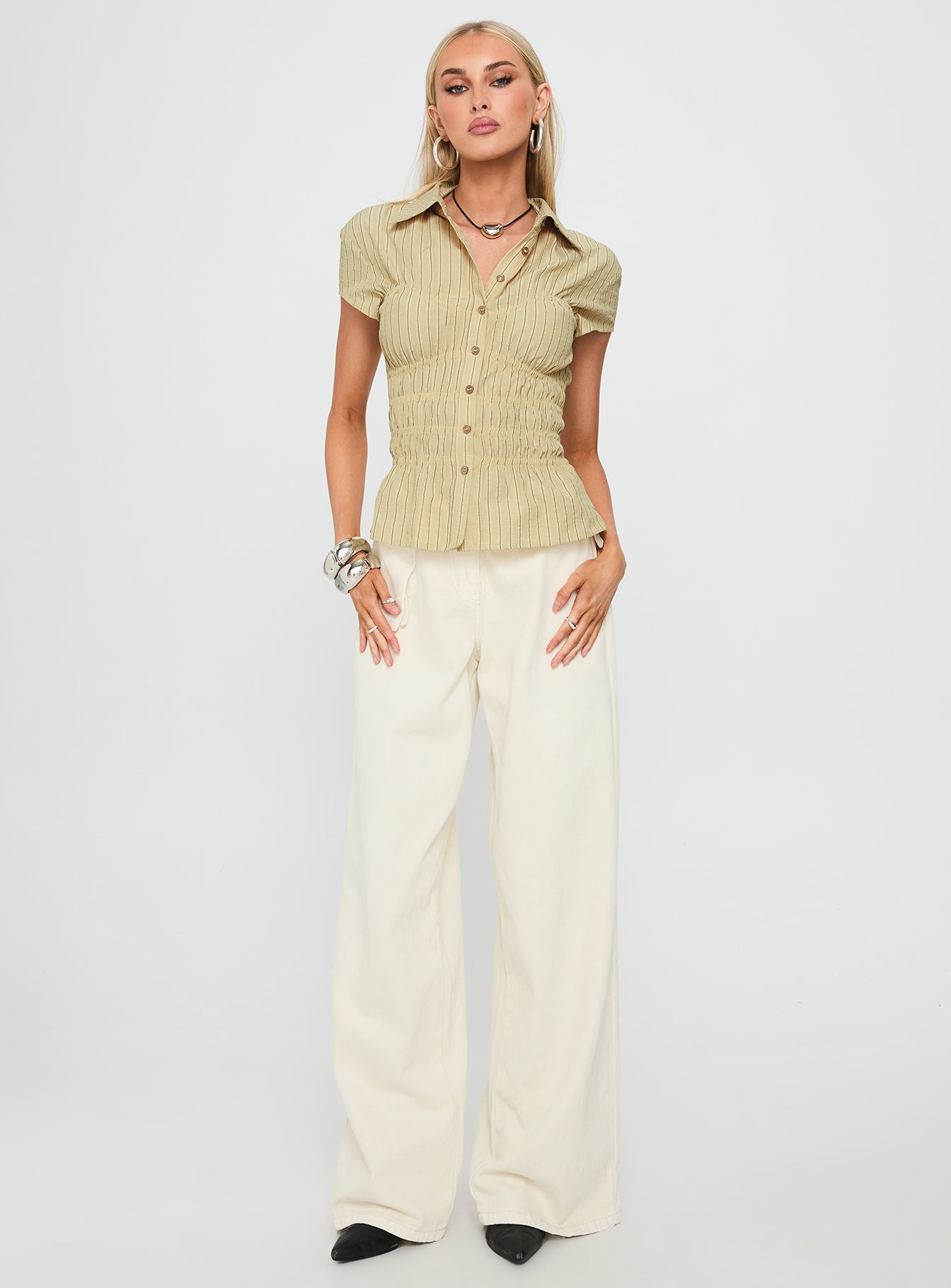 Liesel Shirred Short Sleeve Top Butter Stripe - Image 3