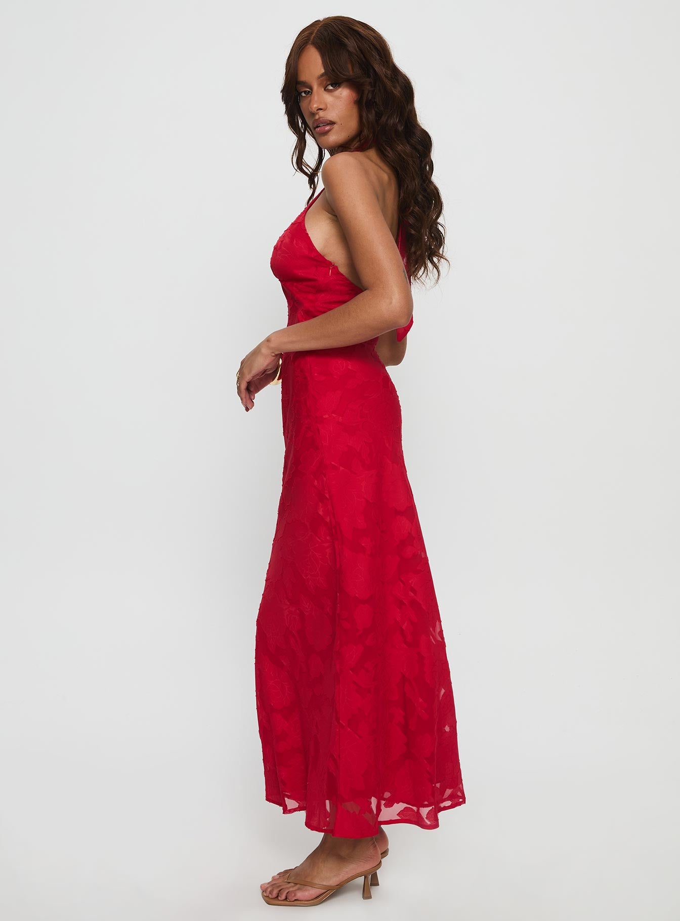 Ending Credits Halter Twist Maxi Dress Red Burnout - Image 3
