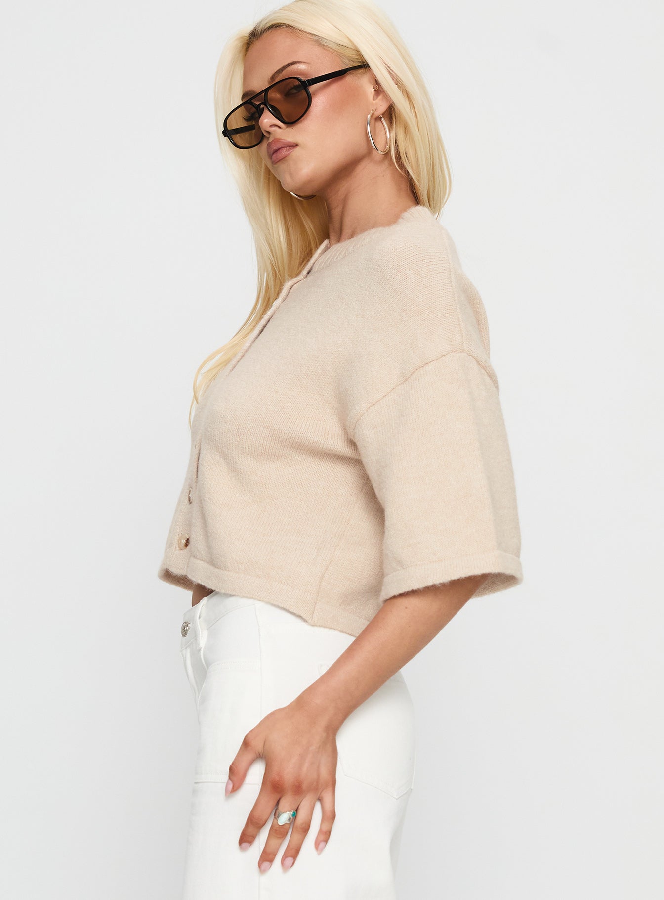 Verina Short Sleeve Knit Cardigan Oat - Image 4