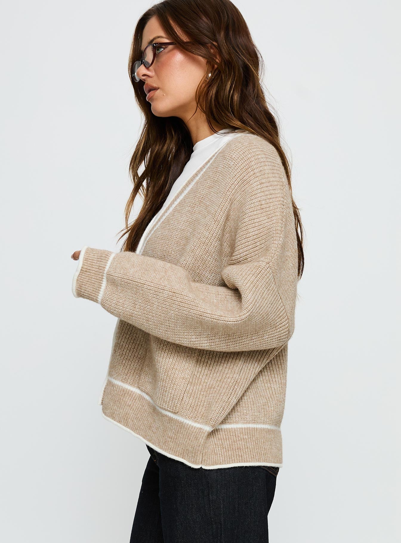 Cressara Contrast Knit Cardigan Beige White - Image 4