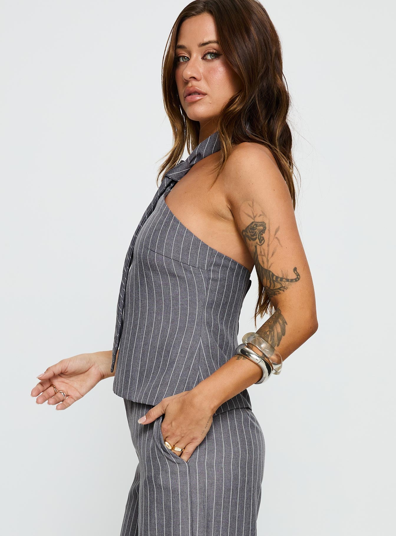 Uvelia Tie Detail Top Grey Pinstripe - Image 4