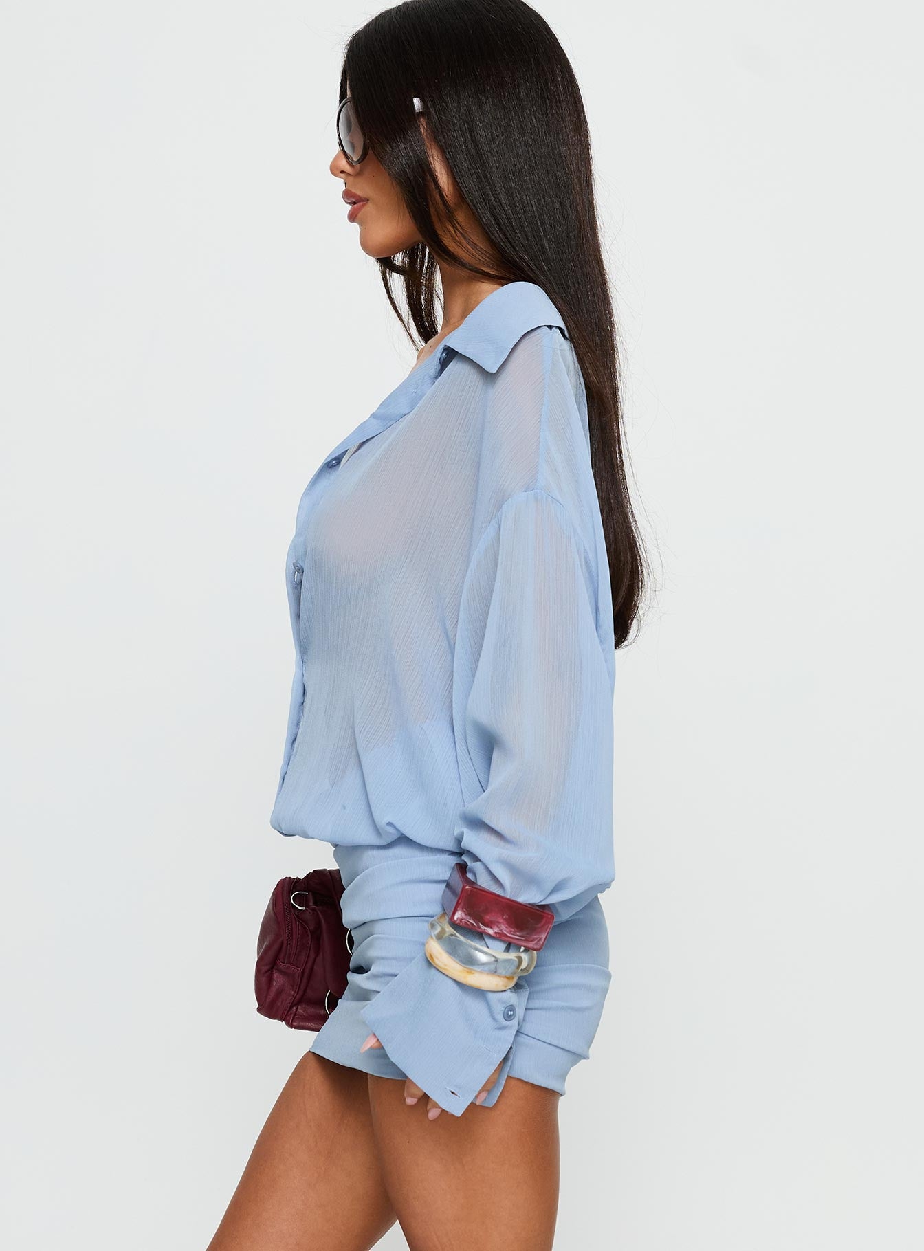 Moonrising Long Sleeve Sheer Blouson Mini Dress Blue - Image 4