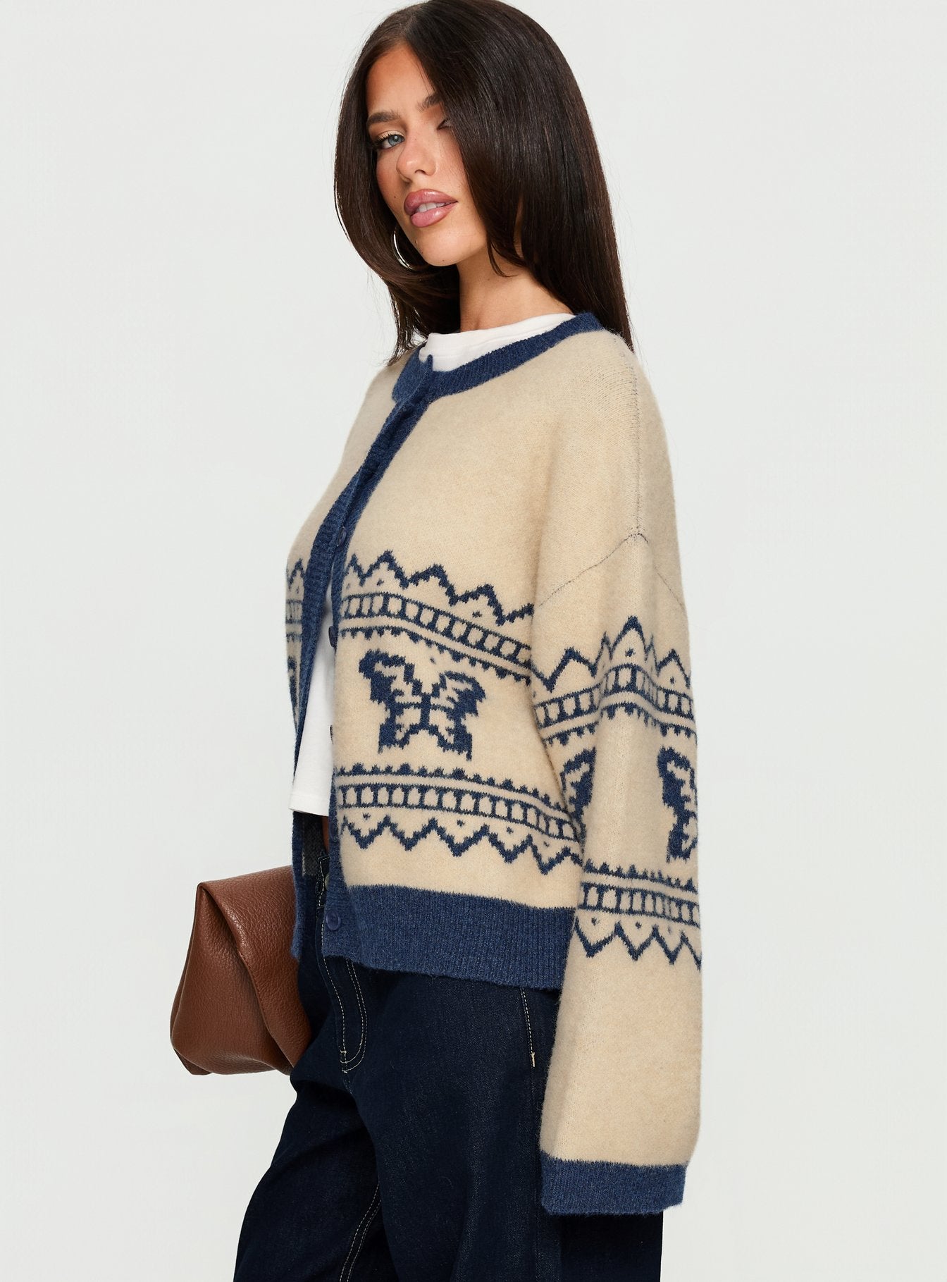 Wynoni Alpine Knit Cardigan Beige Navy - Image 3
