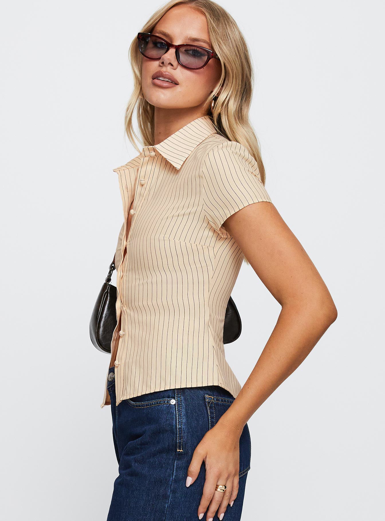 Lift Off Button Up Top Cream Navy Stripe - Image 4