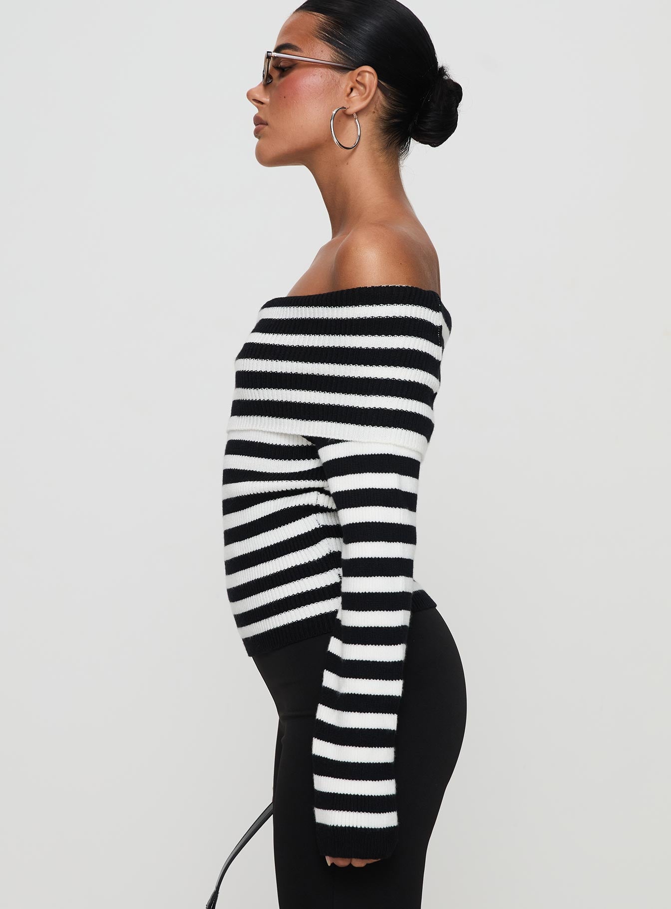 Danyel Off The Shoulder Sweater Black White Stripe - Image 4