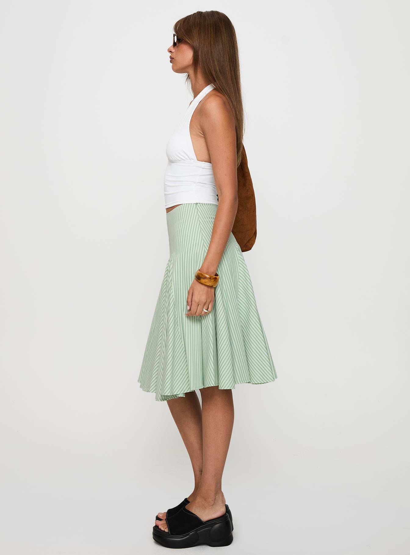 Evangaleine Pleat Midi Skirt Green White - Image 4
