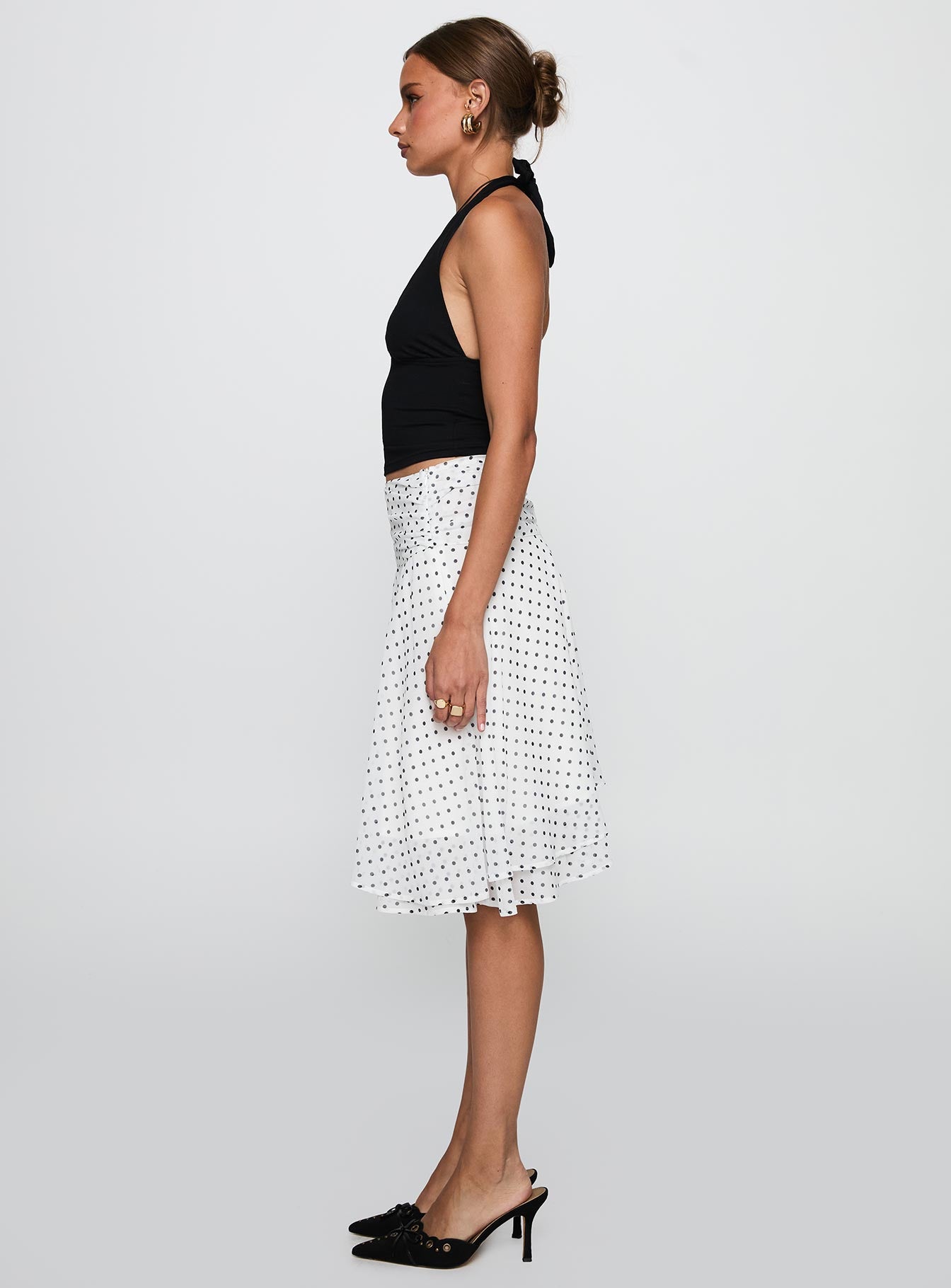 Evanescence Asymmetrical Midi Skirt White Polka Dot - Image 4