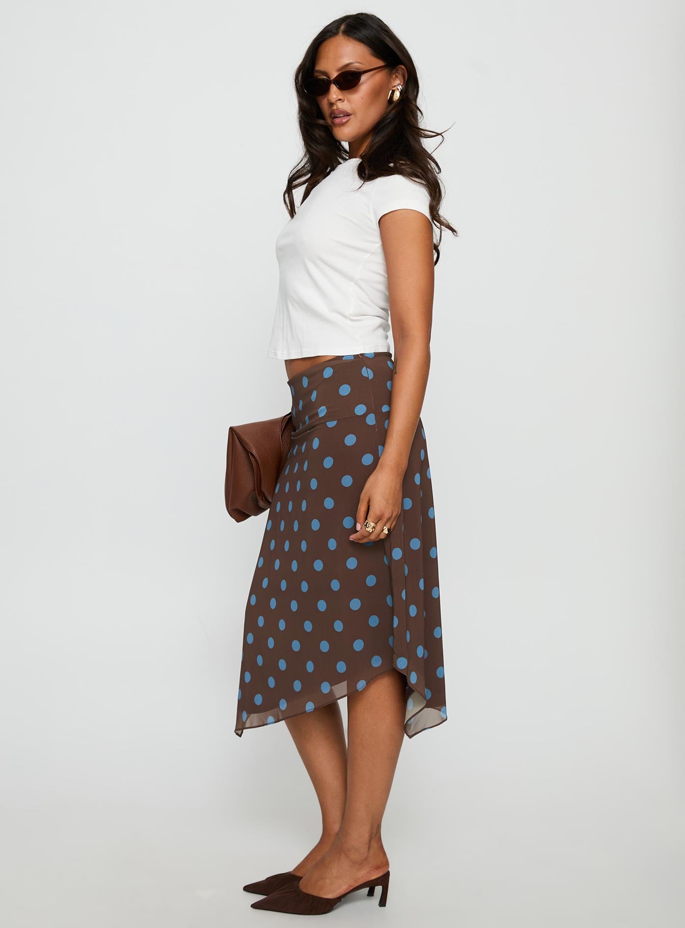 Daphene Asymmetrical Midi Skirt Brown Blue Polka Dot - Image 4