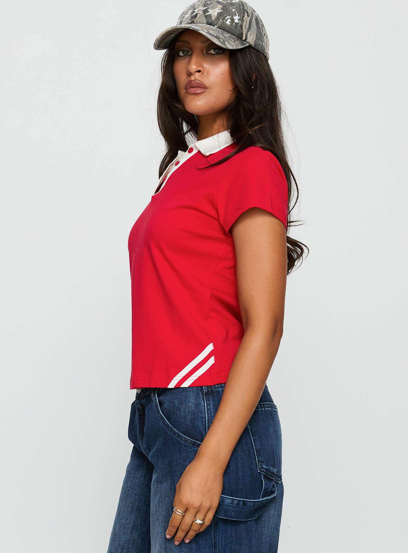 Learn Your Lesson Contrast Collared Top Red White - Image 4